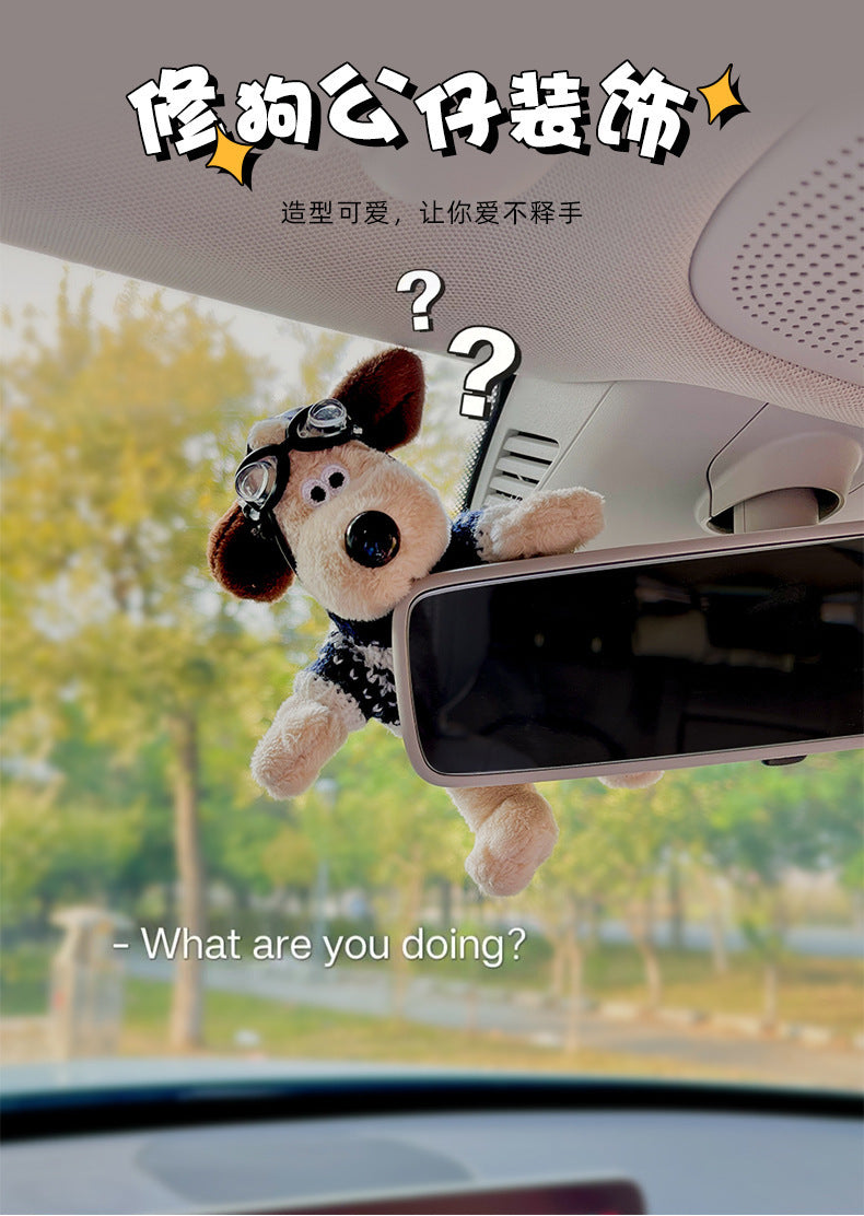 Cute dog repair rearview mirror decoration lying doll car decoration